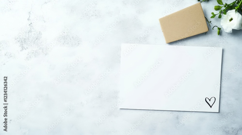 White envelope decorated with a heart and a flower placed on a gray background for love or greeting concept White envelope decorated with a heart and a flower placed on a gray background for love or greeting concept