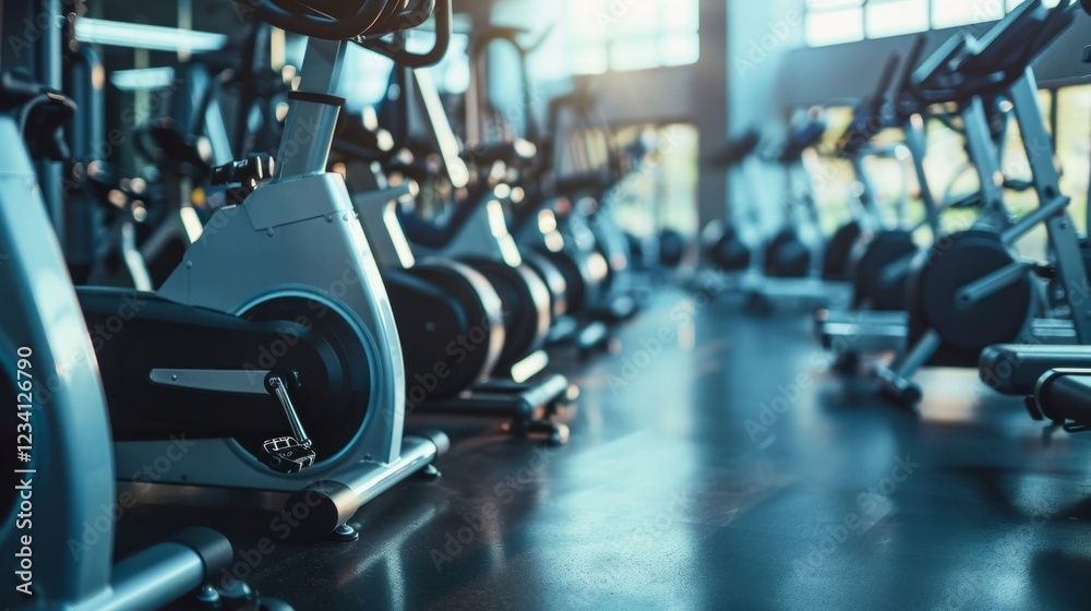 Fototapeta premium A row of exercise machines in a modern fitness room with bright lighting. Ideal for advertising sports clubs, fitness blogs and articles about healthy lifestyle.