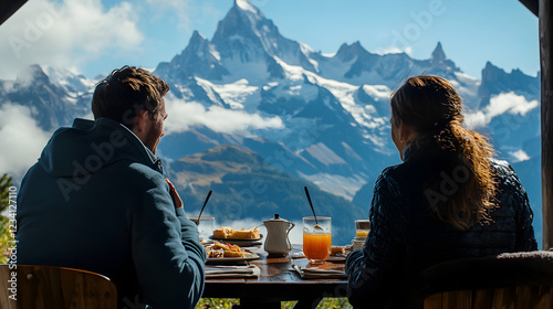 enjoying breakfast at a mountain cafe with a spectacular view of snow-capped peaks in the distance 