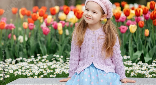 Young caucasian girl smiling in tulip garden with pink sweater and blue skirt photo