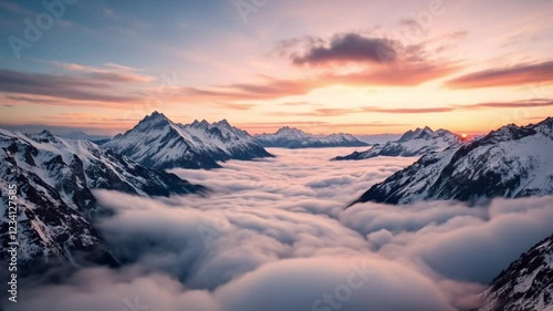 Mountain Majesty at Sunset: Witness the breathtaking majesty of snow-capped mountains rising above a sea of clouds as the sun sets, painting the sky in vibrant hues of pink, orange, and purple.