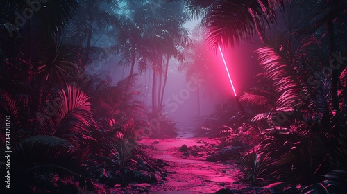 Neon-lit Stream in a Tropical Jungle with Cityscape in the Distance