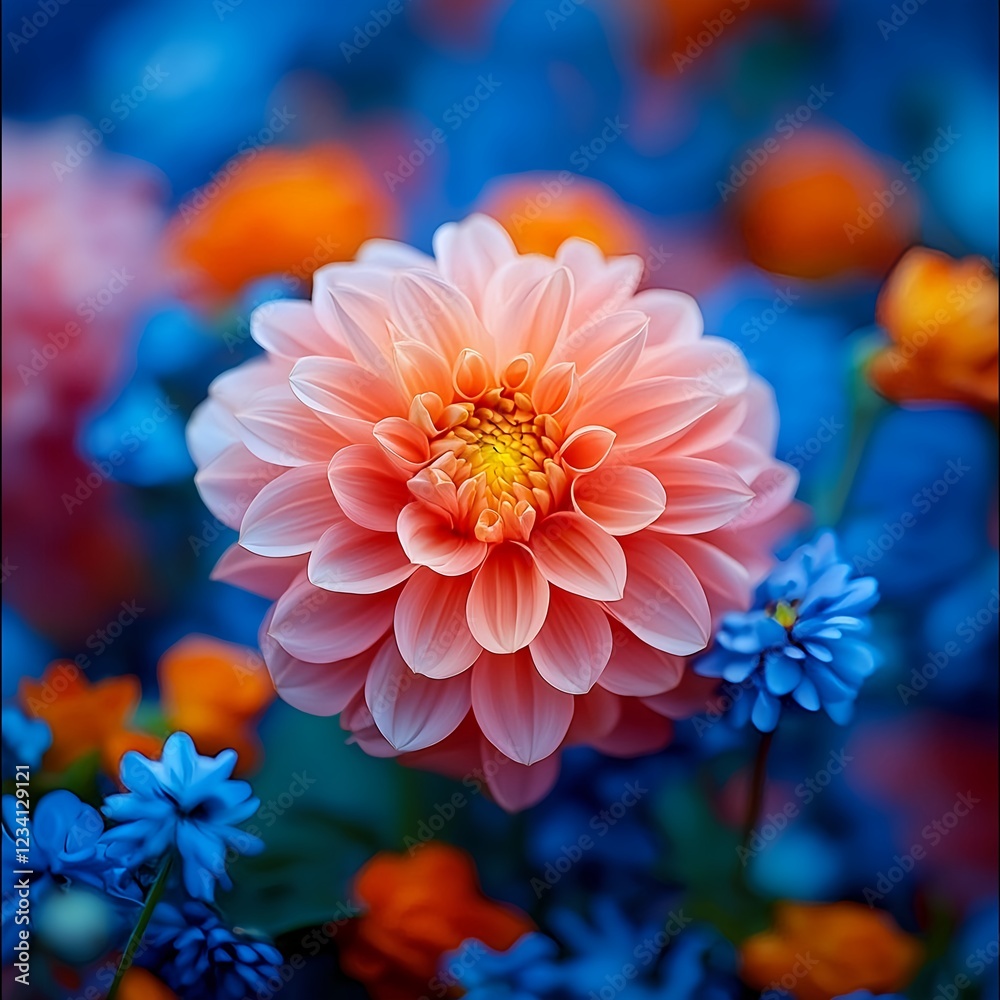 Fototapeta premium Close Up of a Pink Dahlia Flower Surrounded by Orange and