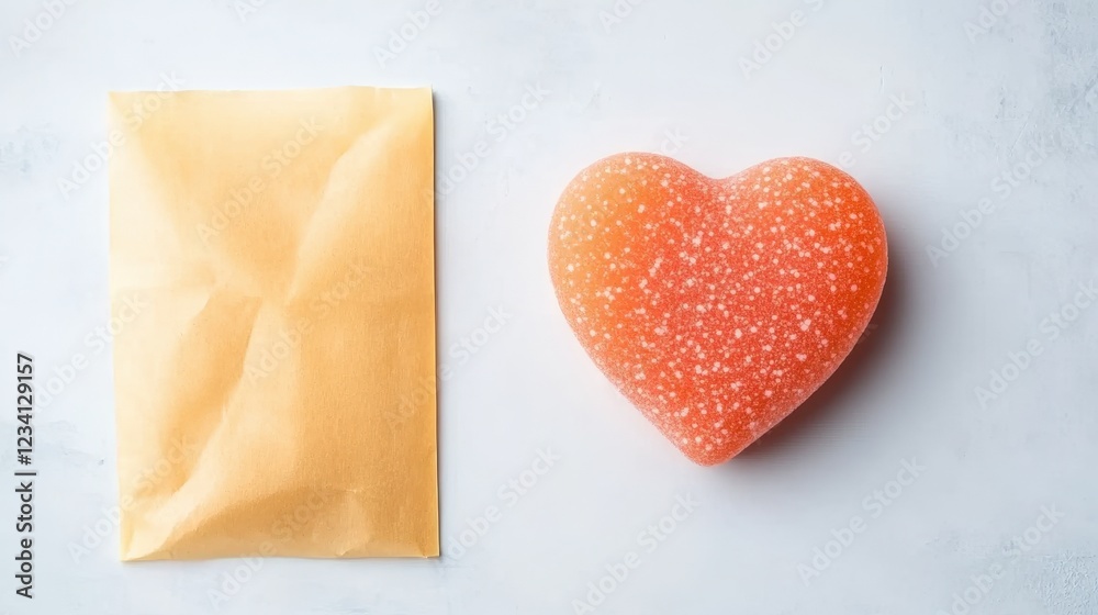 Obraz premium Heart shaped candy next to a blank piece of paper on a wooden surface