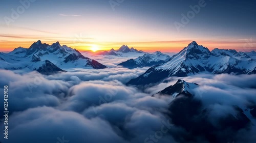 Sunset over the Snowy Peaks: A breathtaking aerial view captures a majestic mountain range cloaked in snow, as the sun sets, casting a vibrant orange and purple glow across the clouds. 