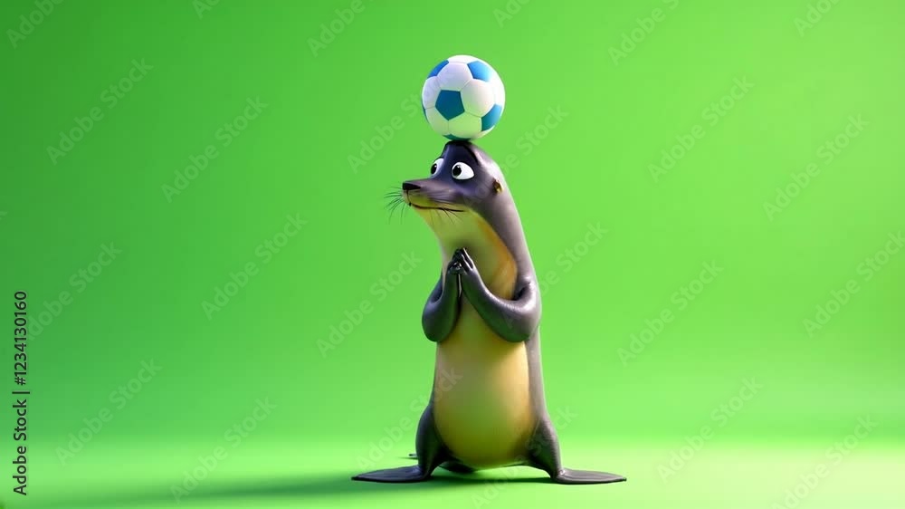 Cartoon sea lion balancing soccer ball, green screen, playful animation, mascot