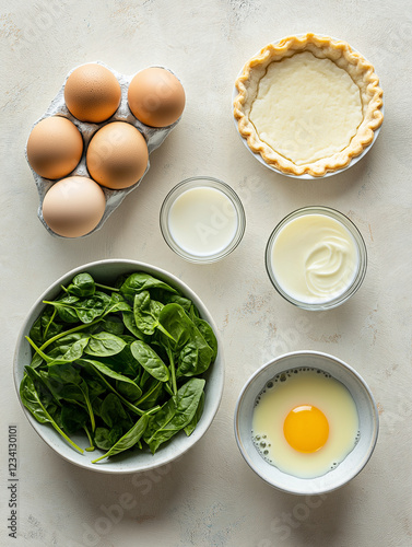 A photo of the ingredients to make an egg tart with spinach, including eggs, water, and cream in one bowl, fresh baby leaf greens in another bowl, a half-baked pie crust in the top photo