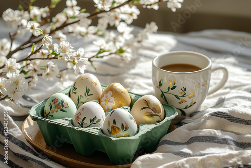 cozy spring breakfast setting, featuring a green egg carton with hand-painted decorative eggs in gold and floral patterns, a cup of freshly brewed coffee on a wooden tray  photo