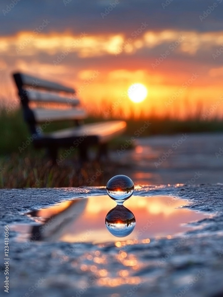 Reflection of Sunset in Water Drop on Asphalt with Bench Background Reflection of Sunset in Water Drop on Asphalt with Bench Background