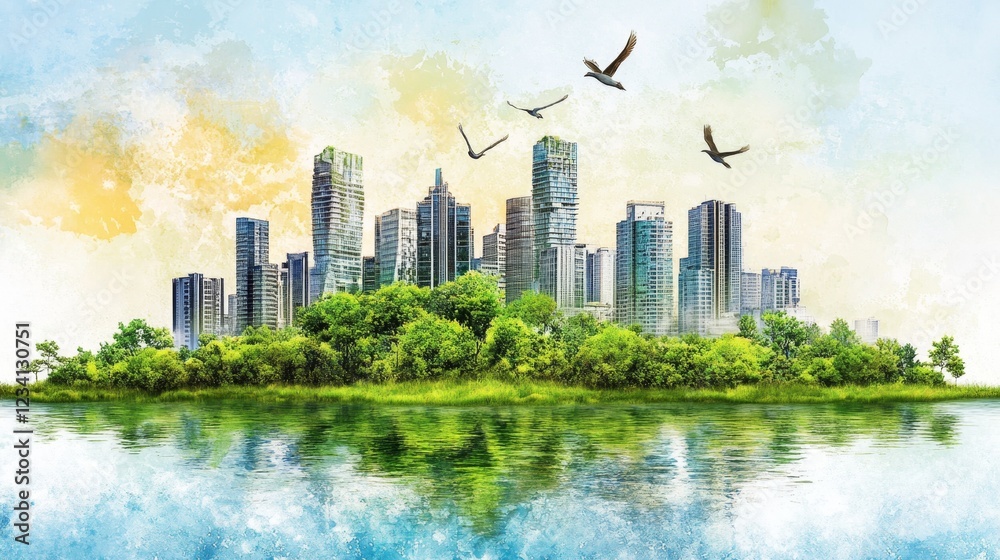 Obraz premium Vibrant City Skyline with Lush Green Spaces and Reflective Water