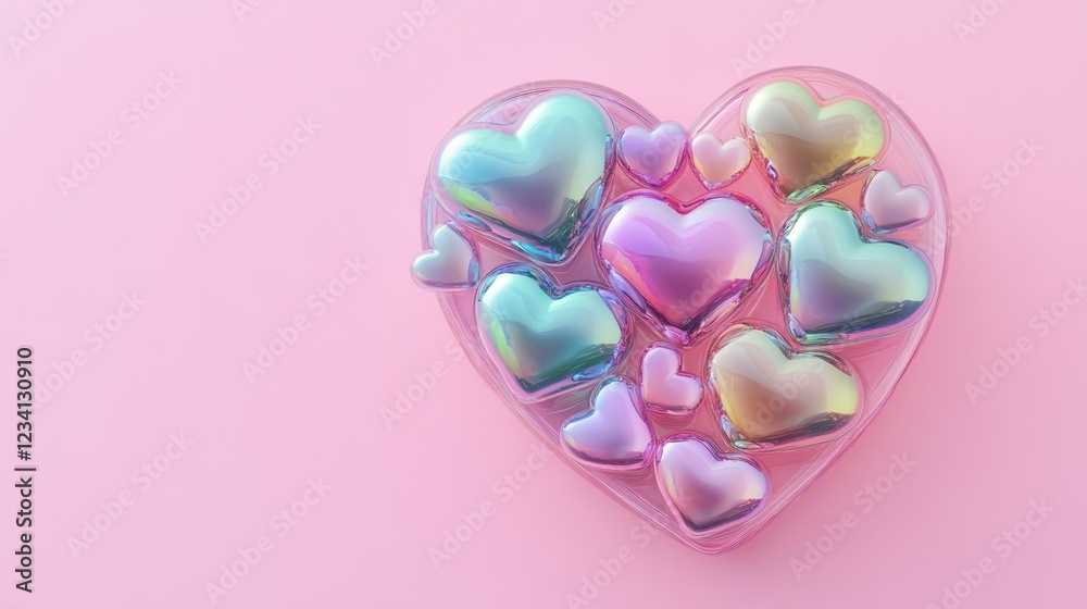 Fototapeta premium Iridescent hearts in a heart-shaped container on pink background; Valentine's Day card