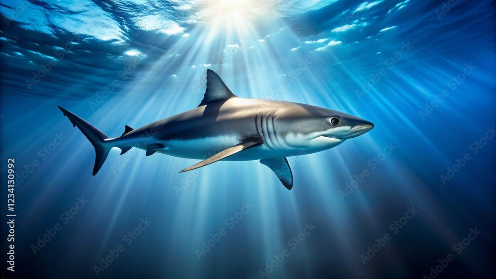 Obraz premium Majestic Shark Swimming Gracefully Underwater with Sunlight Rays