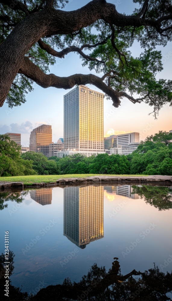 Fototapeta premium Urban skyline reflection in serene lake at sunset surrounded by nature