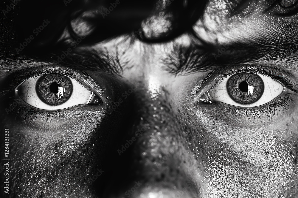 Naklejka premium Intense black and white closeup of eyes with dramatic expression