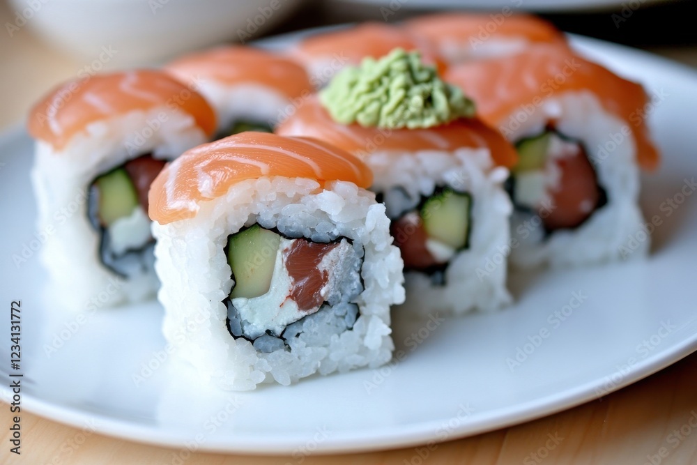 Fresh Salmon Sushi Rolls with Wasabi on White Plate Fresh Salmon Sushi Rolls with Wasabi on White Plate
