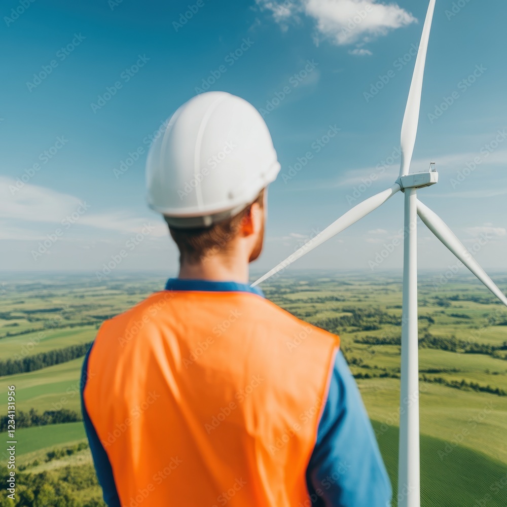 A worker in a safety vest and helmet observes a wind turbine amidst lush green fields under a bright blue sky. A worker in a safety vest and helmet observes a wind turbine amidst lush green fields under a bright blue sky.