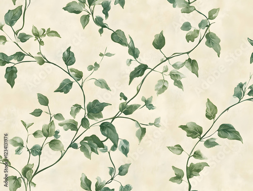 Elegant vine patterns with delicate green leaves on a soft beige background in a serene indoor setting