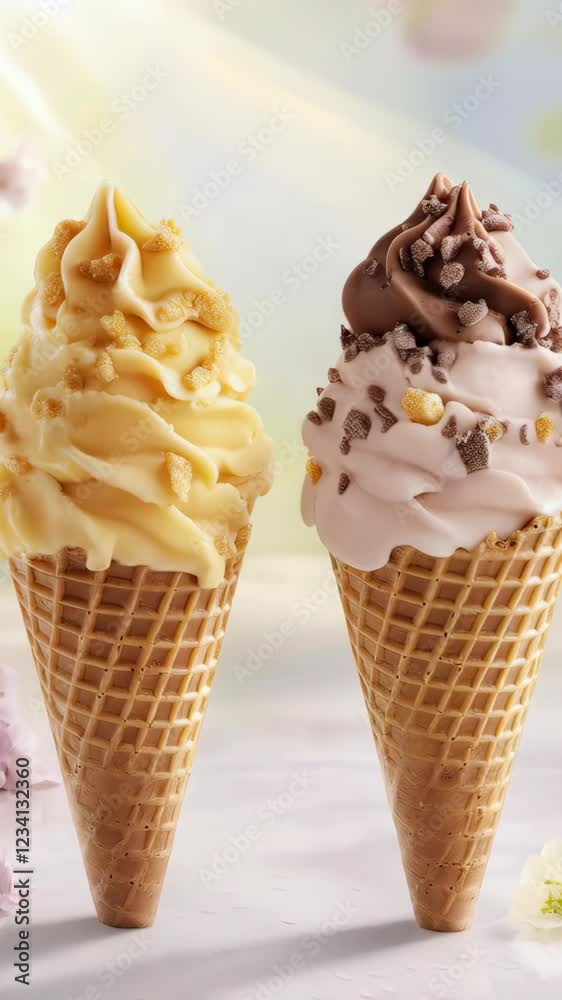 Irresistible ice cream cones in radiant sunlight featuring chocolate and vanilla swirls