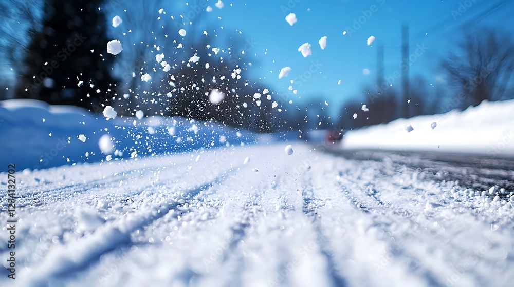 Fototapeta premium Close Up of Snowflakes Falling on Snowy Street on a Sunny