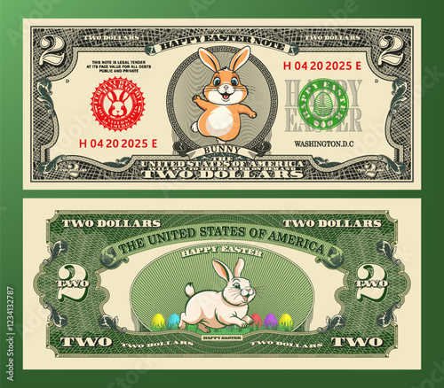 Vector holiday lucky banknote of 2 US dollars. Happy Easter. Cheerful funny cartoon kind fluffy jumping chubby rabbits. Cute plump bunnies. Obverse and reverse of note. Cuddly animal