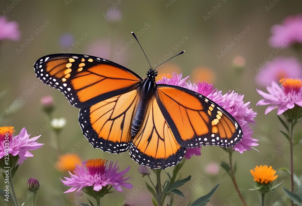 Fototapeta premium Monarch Butterfly on Purple Flowers Nature Photography