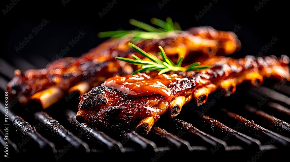 Close up of Three Grilled Pork Ribs with Barbecue Sauce and