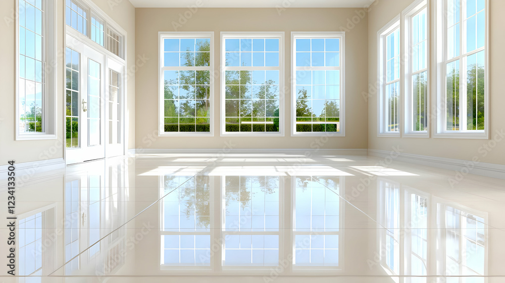 Fototapeta premium Sunlit empty room, large windows, garden view, interior design