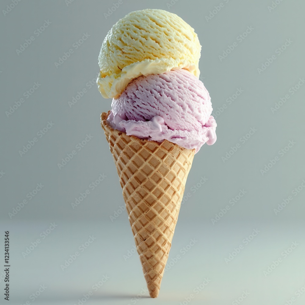 Hyper-Detailed Close-Up of Crispy Waffle Cone with Pastel Lavender, Lemon, and Mint Ice Cream Hyper-Detailed Close-Up of Crispy Waffle Cone with Pastel Lavender, Lemon, and Mint Ice Cream