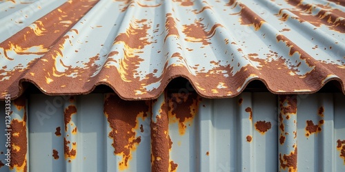 Close-up of a weathered metal roof; layers of blue and brown corrugated metal reveal rich textures, with darkened edges hinting at stories etched by time photo