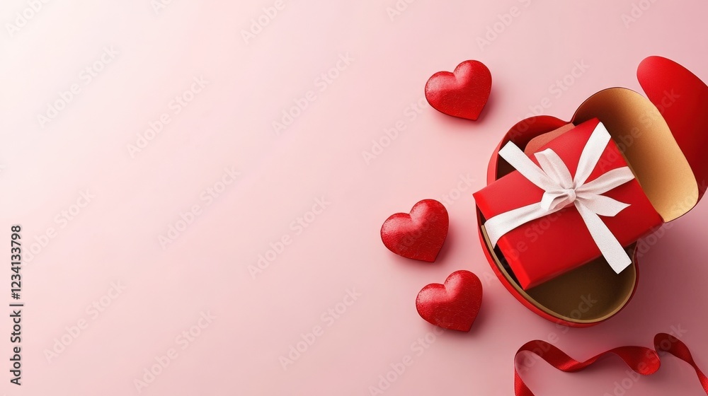Heart shaped gift box with bow and scattered hearts on a flat surface for celebratory occasions Heart shaped gift box with bow and scattered hearts on a flat surface for celebratory occasions