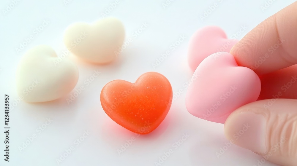 Person holding a heart shaped candy in hand with colorful wrapper displayed against a neutral background