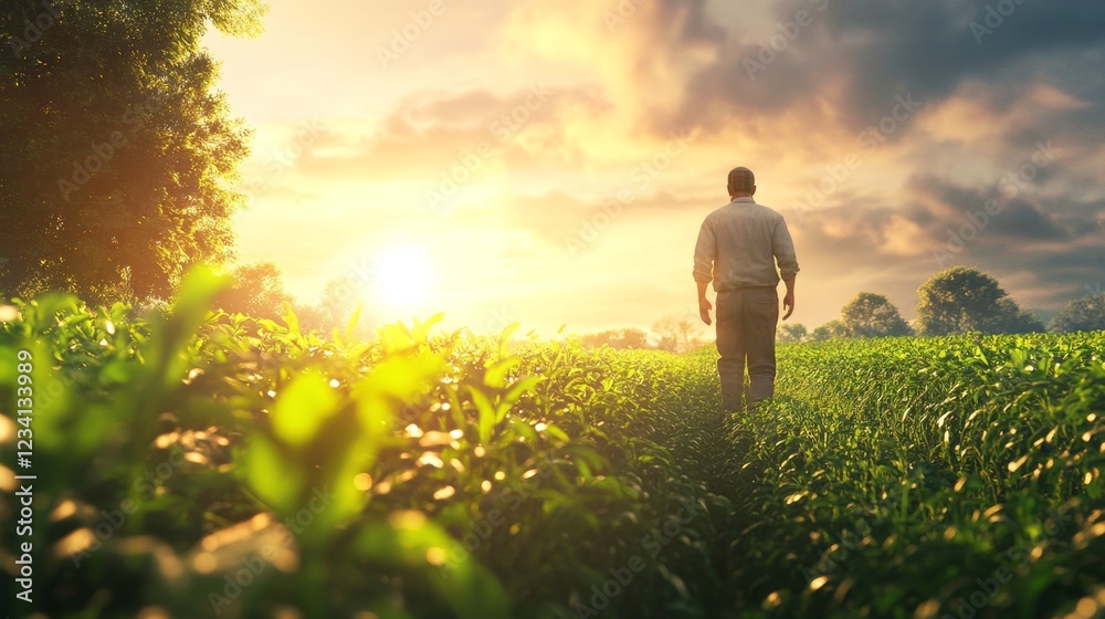 Fototapeta premium Farmer Walking Through Green Meadow at Sunset for Crop Inspection