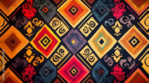 Wallpaper Mural Colorful Geometric Pattern with Diamond Shapes and Swirling Designs on Dark Background Torontodigital.ca