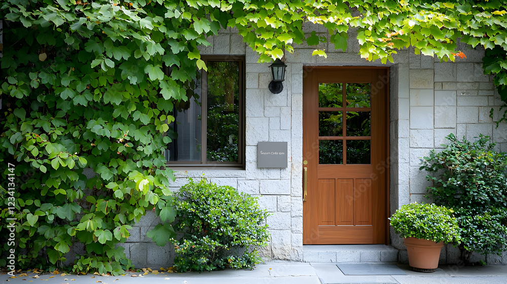 Ivy-covered stone building entrance; tranquil garden background; ideal for real estate Ivy-covered stone building entrance; tranquil garden background; ideal for real estate