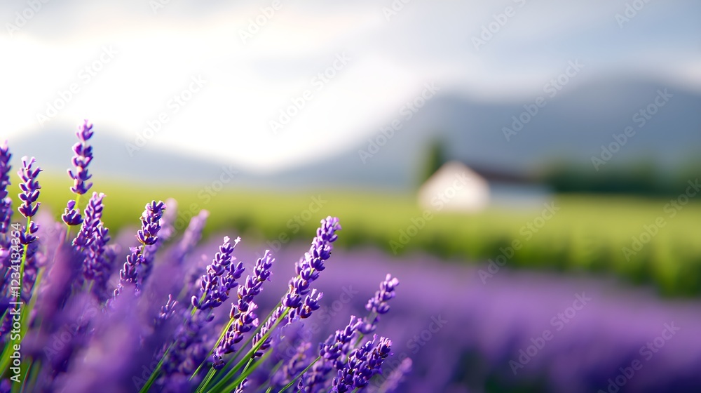 Obraz premium Close Up Purple Lavender Flowers Field Soft Sunlight Farm