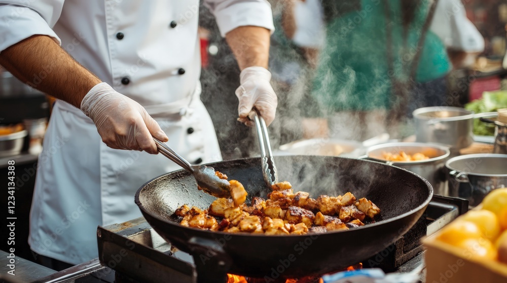 A chef demonstrating food safety practices at a festival cooking show A chef demonstrating food safety practices at a festival cooking show