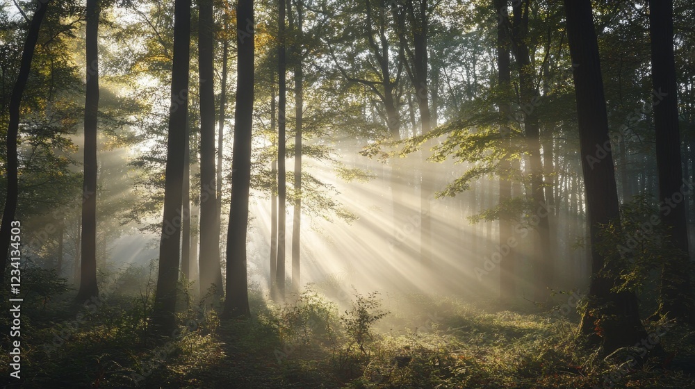 Obraz premium Fresh Misty Morning in Forest with Sunlight Filtering Through Trees