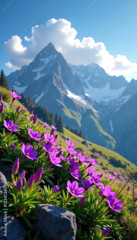 Fototapeta premium Gentian blossoms on mountain slope under cloud, landscape, slope, purple