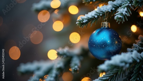 Golden bokeh lights dance across a frosted tree branch, with a lone blue Christmas ornament as the focal point, snowflakes, holiday decor
