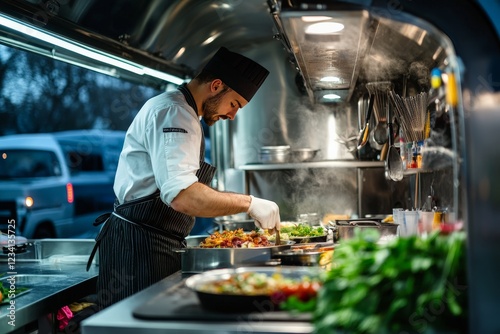 A chef preparing gourmet dishes inside a modern food truck