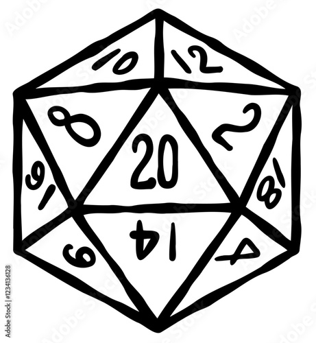 Fantasy tabletop icosahedron illustration in retro style. D20 dice for dnd board game.