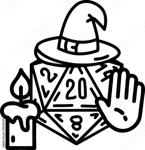 DND Dice Rpg board game character. Fantasy icosahedron wargame. 20-sided tabletop icon, cartoon style on white background