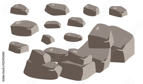 Stone boulder. Granite debris and grey cobble. Pile of rubble rock block. Heap of broken gravel. Natural solid cracked mineral. Big mountain geology material