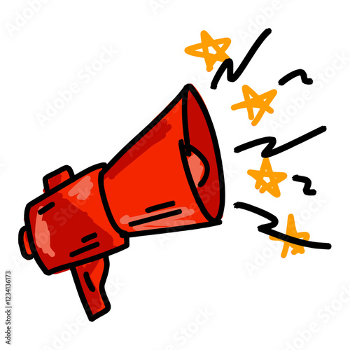 Loudspeaker doodle drawing. Marketing megaphone announce or broadcast. Emergency red bullhorn speaker. Cartoon loud alert warning. Sketch media propaganda