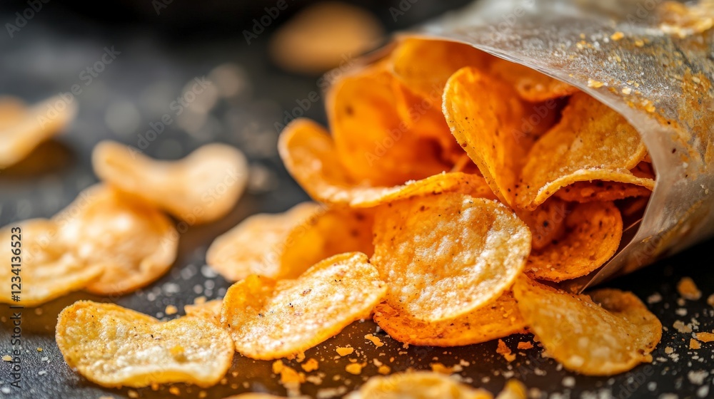 A close-up of a bag of potato chips with crumbs scattered on the table A close-up of a bag of potato chips with crumbs scattered on the table