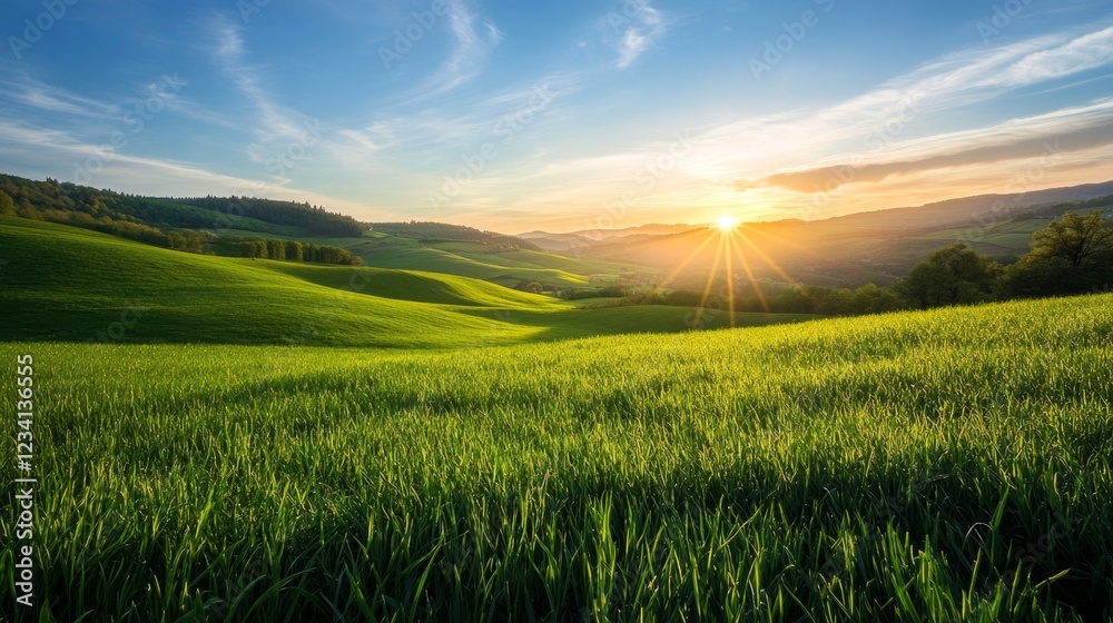 Serene Rural Meadow at Dawn with Rising Sun Over Green Hills Serene Rural Meadow at Dawn with Rising Sun Over Green Hills