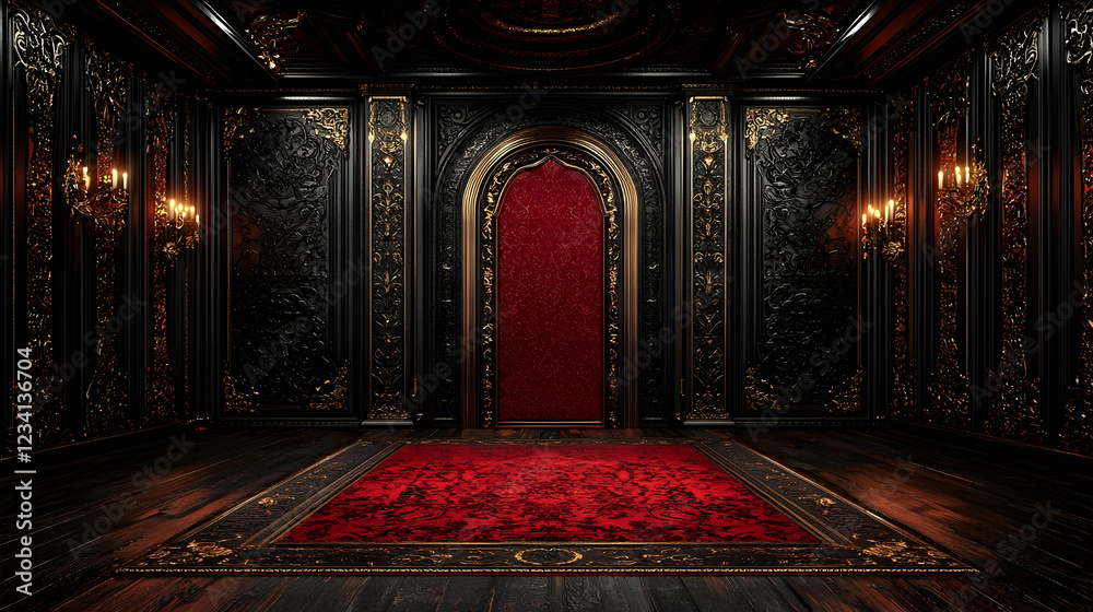 Obraz premium Dark ornate room, red carpet, arched doorway, background for fantasy, mystery