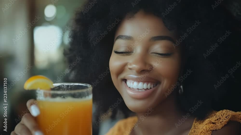 Woman enjoys refreshing orange juice sip with joyful expression Woman enjoys refreshing orange juice sip with joyful expression