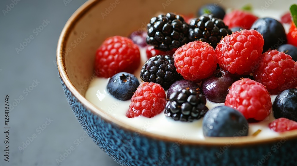 A close-up of a bowl of fresh berries with yogurt and honey A close-up of a bowl of fresh berries with yogurt and honey