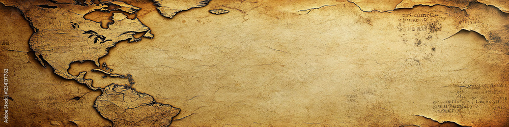 Obraz premium Old map of America with worn parchment texture and torn edges in sepia tones. Generated with AI.